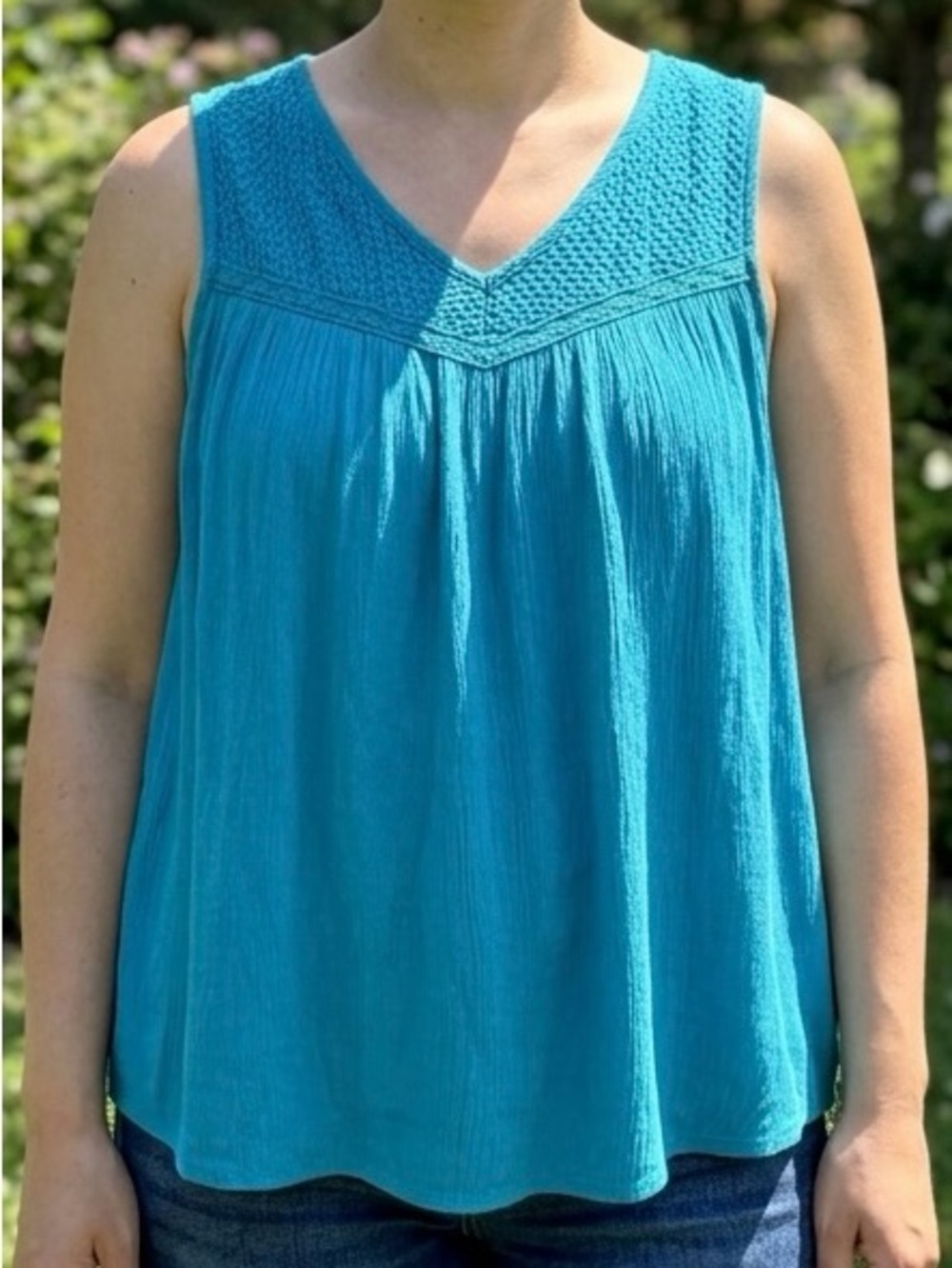 Sonoma Turquoise Blue Rayon Sleeveless Boho Embroidered Tank Top Blouse V-Neck L